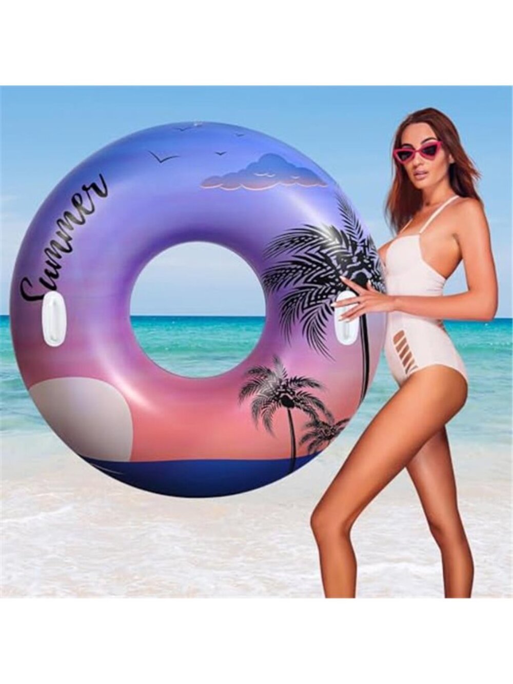 Large Inflatable Pool Float Ring Adult Swim Tube Purple Sunset Beach Lake